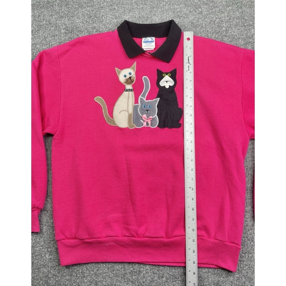 Vintage 90's Jerzees Sweatshirt Women's L Cats Pullover Pink Collared - Picture 8 of 9